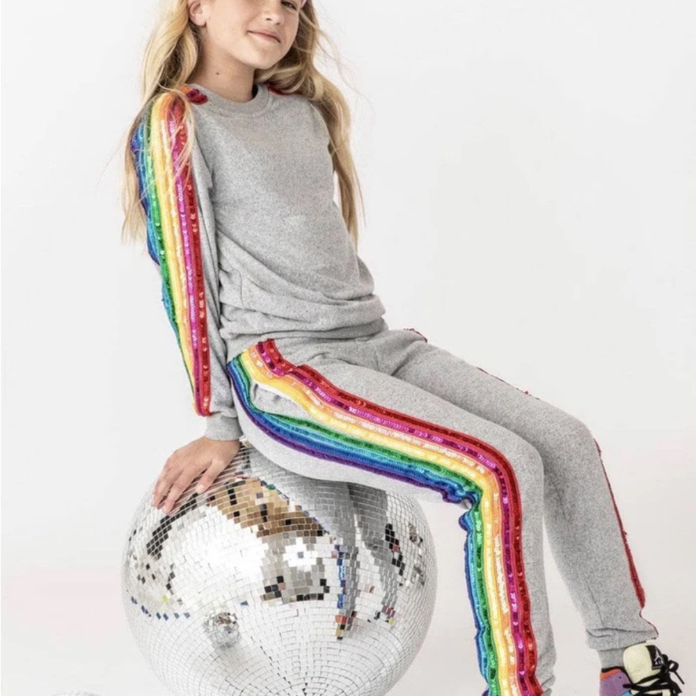 Lola + The Boys Gray Joggers with Rainbow Sequin Side Stripes